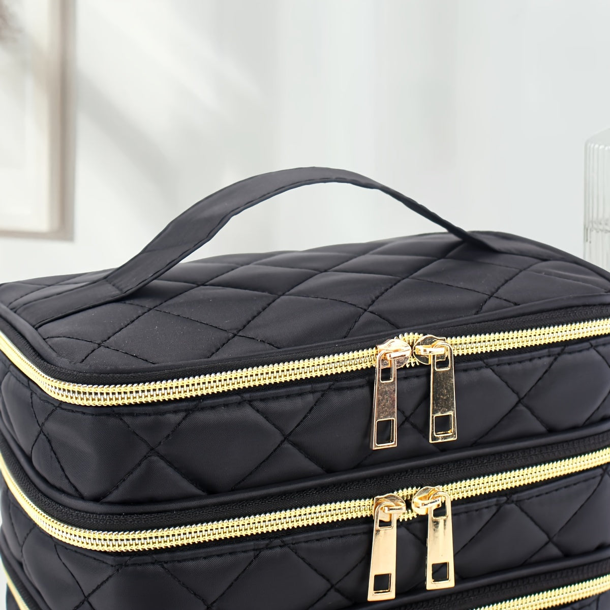 Unisex-adult Quilted Cosmetic Bag - 3-Layer Large Storage Pouch with Handles, Polyester Unscented Travel &amp; Home Organizer