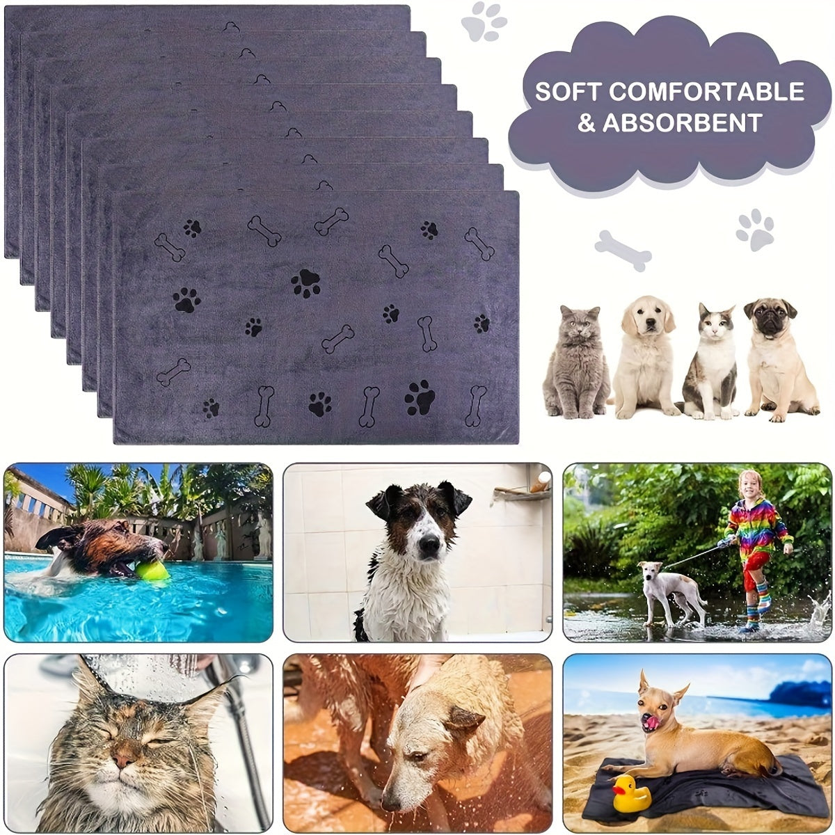 Lot 2 serviettes en microfibre pour chiens, séchage rapide, absorbantes et douces, idéales pour bain et toilettage.