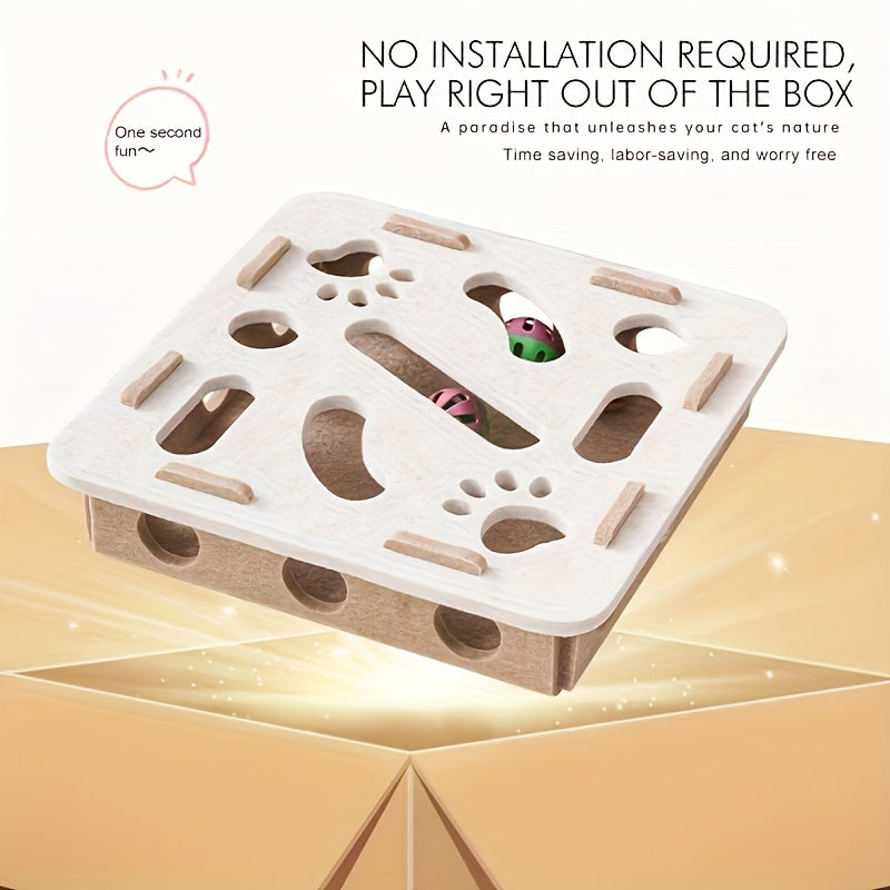 Boîte de jeu interactive pour chat, motif empreinte de patte. Puzzle durable pour stimuler mentalement et physiquement, avec 2 balles de couleurs aléatoires, sans batterie.
