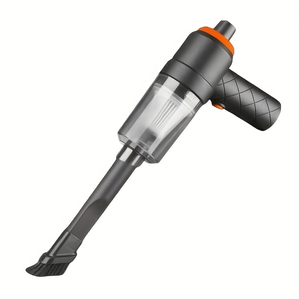 Aspirateur de voiture sans fil mini, compact et léger, forte aspiration pour poils d’animaux et débris, charge USB, corps plastique avec filtre en mousse.