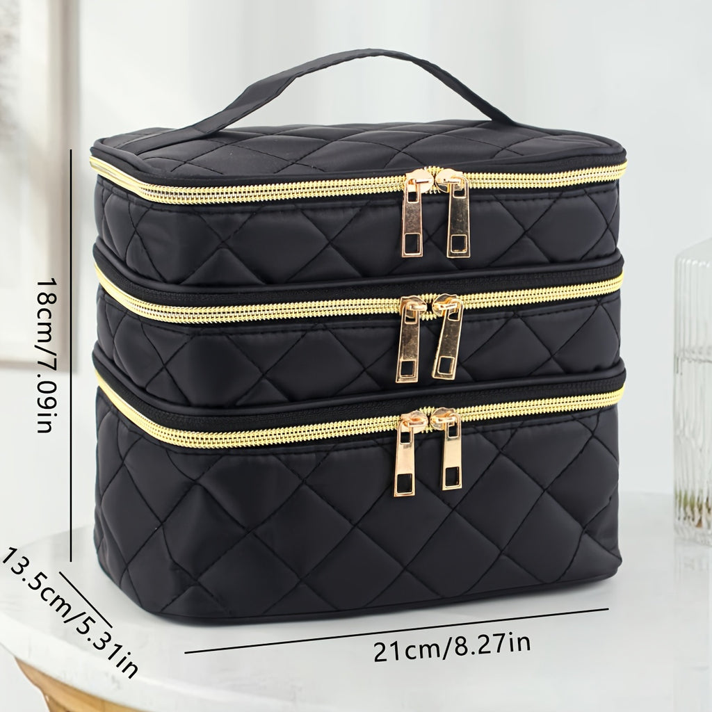 Unisex-adult Quilted Cosmetic Bag - 3-Layer Large Storage Pouch with Handles, Polyester Unscented Travel &amp; Home Organizer