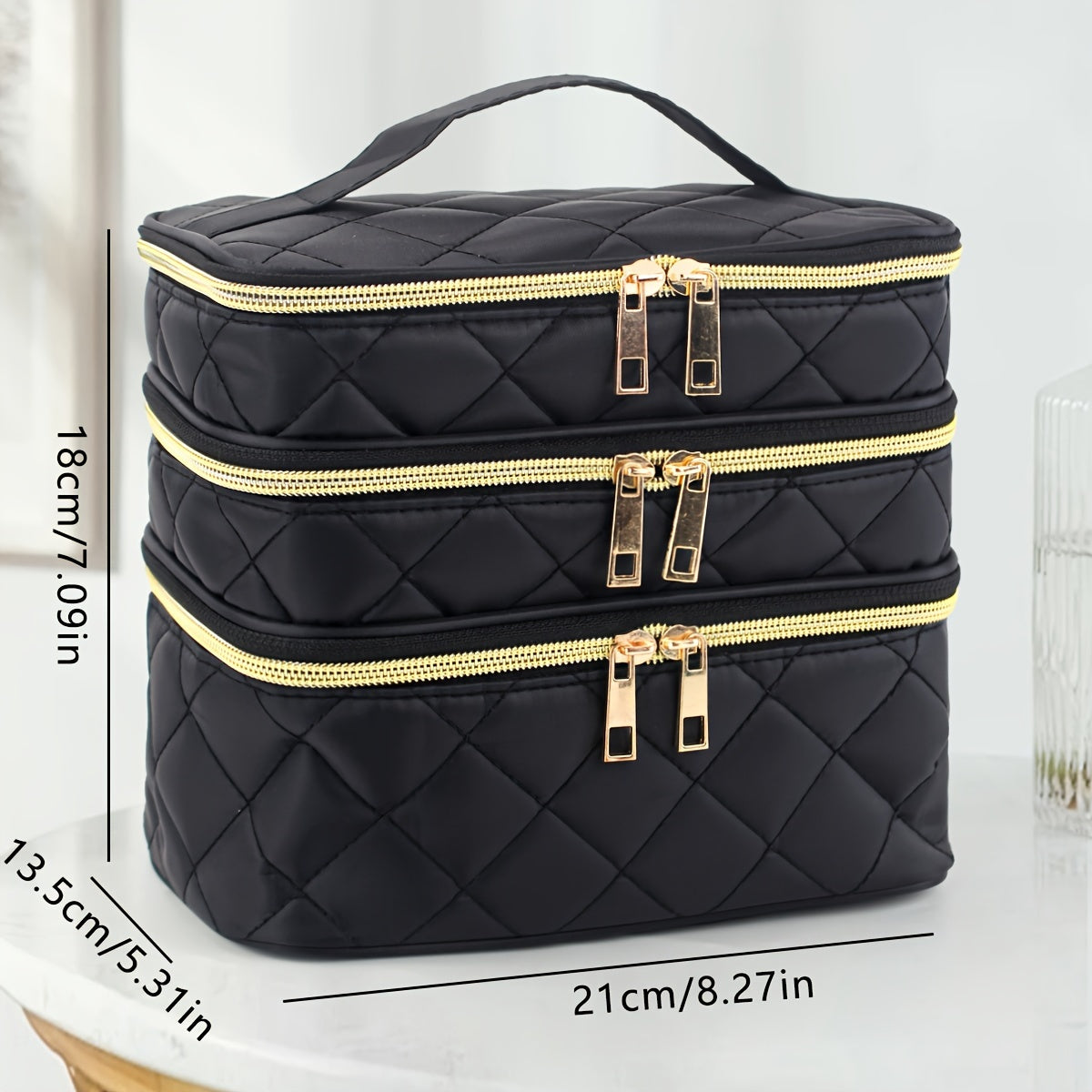 Trousse cosmétique matelassée unisexe, 3 couches, grande capacité, poignées, polyester, organiseur pratique pour voyage et maison.