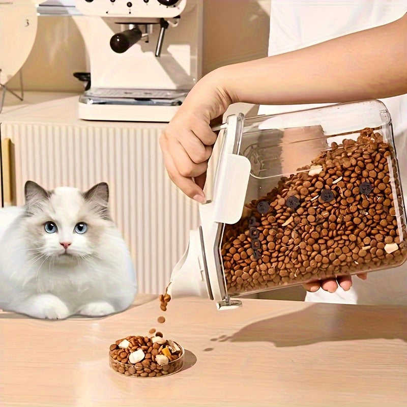 Boîte de stockage alimentaire pour animaux 2-3 kg, hermétique et anti-humidité, avec poignée et mesurette, transparente, pratique pour croquettes.