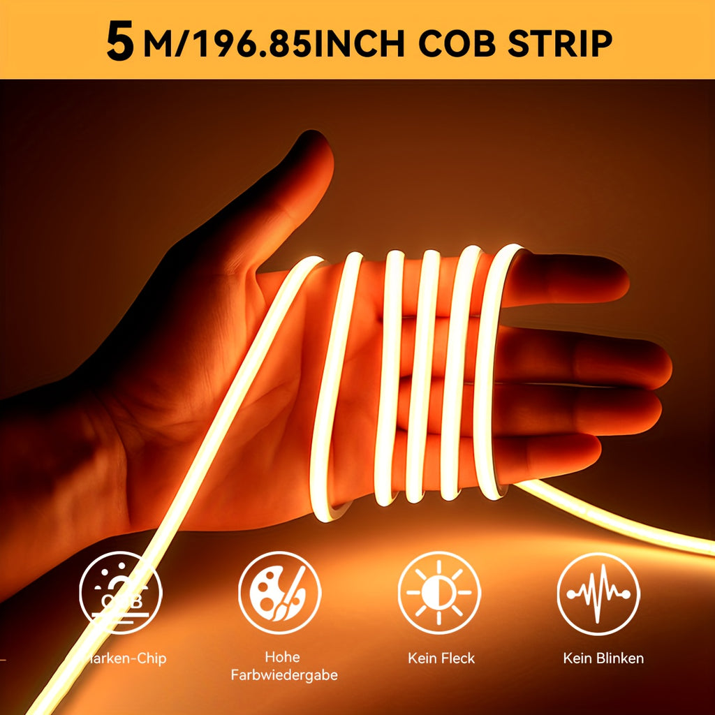HOTU Thin COB LED Strip Light - USB-Powered Adhesive Flexible Cuttable Tape Light with 400 LEDs/M, Daylight &amp; Warm White (3000-6500K), Dotless Design for, Bedroom, Under Cabinet Lighting, Bedroom Lighting, Modern Lighting, Fl