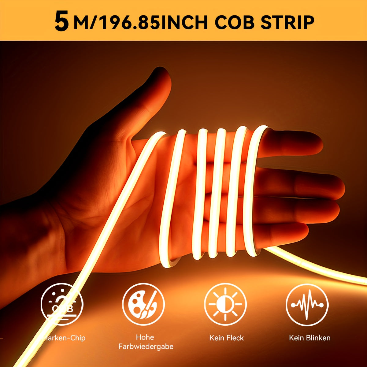 HOTU Thin COB LED Strip Light - USB-Powered Adhesive Flexible Cuttable Tape Light with 400 LEDs/M, Daylight &amp; Warm White (3000-6500K), Dotless Design for, Bedroom, Under Cabinet Lighting, Bedroom Lighting, Modern Lighting, Fl