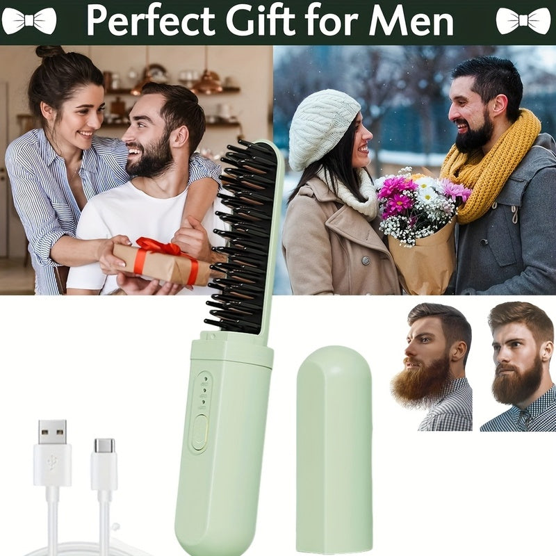 Brosse lissante et peigne USB rechargeable, fonctions lissage et boucle, ions négatifs, anti-brûlure, usage sec/humide, compacte pour voyage.