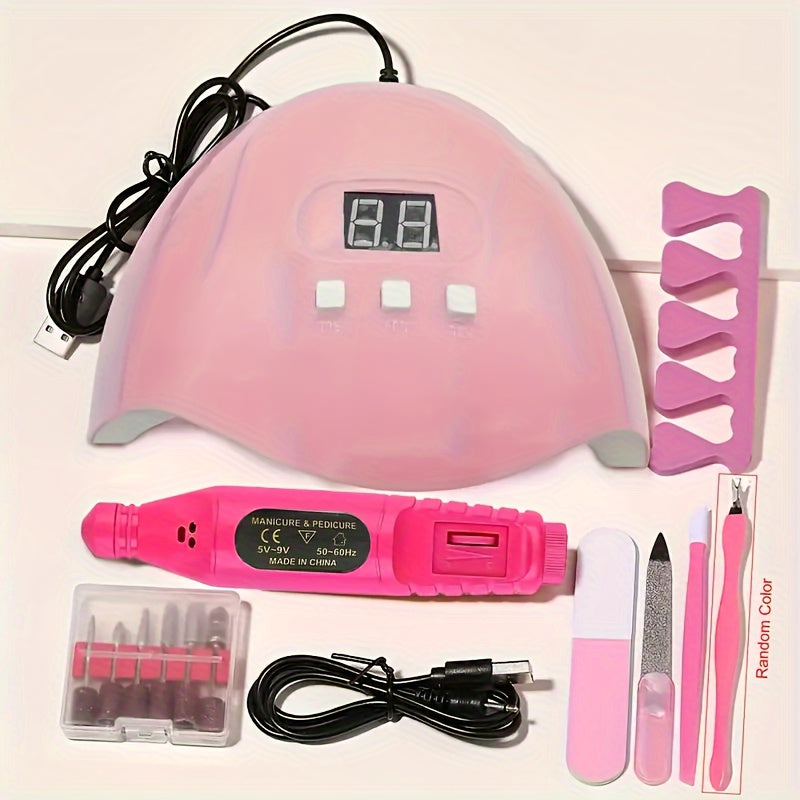 Kit nail art complet avec lampe UV USB, polisseuse, outils cuticules et séparateurs de doigts, idéal pour manucure à domicile.