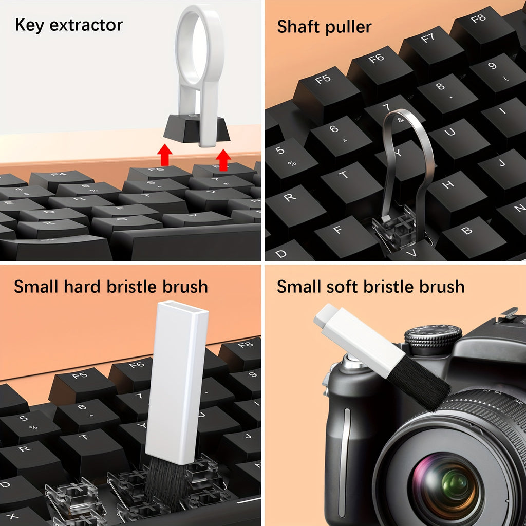 Kit de nettoyage 20-en-1 pour clavier, PC, téléphone, casque et appareil photo, incluant pinceaux et stylet, idéal pour entretien précis et complet.