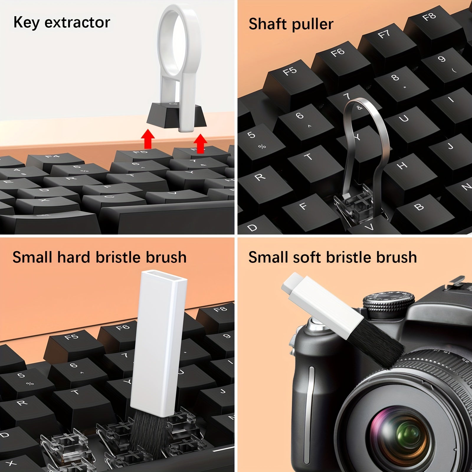 Kit de nettoyage 20-en-1 pour clavier, PC, téléphone, casque et appareil photo, incluant pinceaux et stylet, idéal pour entretien précis et complet.