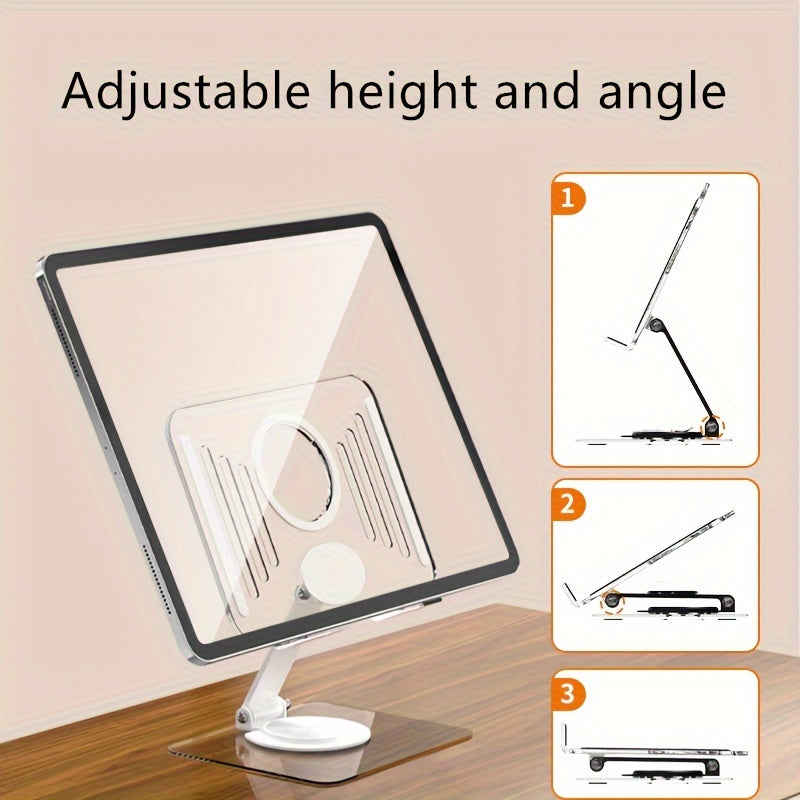 Support acrylique rotatif 360° pour tablette et ordinateur, réglable et pliable, ergonomique, avec dissipation de chaleur, idéal lecture, jeux ou visioconférences.