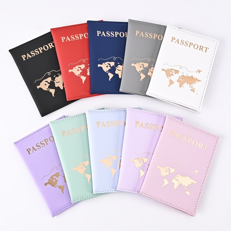 2pcs Elegant Golden-Embossed Passport Holders for Couples - Lightweight Synthetic Faux Leather Travel Wallets with World Map Design, Open Style for Passports &amp; Tickets, Perfect for Travel or Daily Use, Passport Holder