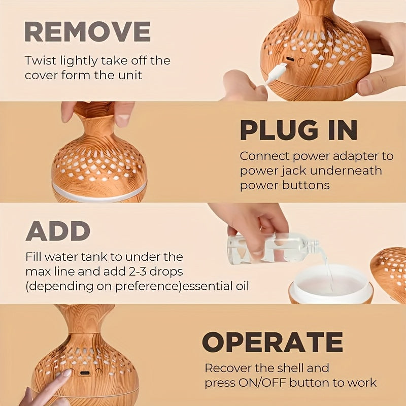 موزع عطري خشبي أنيق مع إضاءة محيطة LED بسبعة ألوان ووضعين للضباب - تصميم مضغوط يعمل بمنفذ USB للمنزل والمكتب والسيارة - هدية مثالية لعيد الحب ورأس السنة الجديدة، مرطب ديكوري، موزع عطر، مكتب