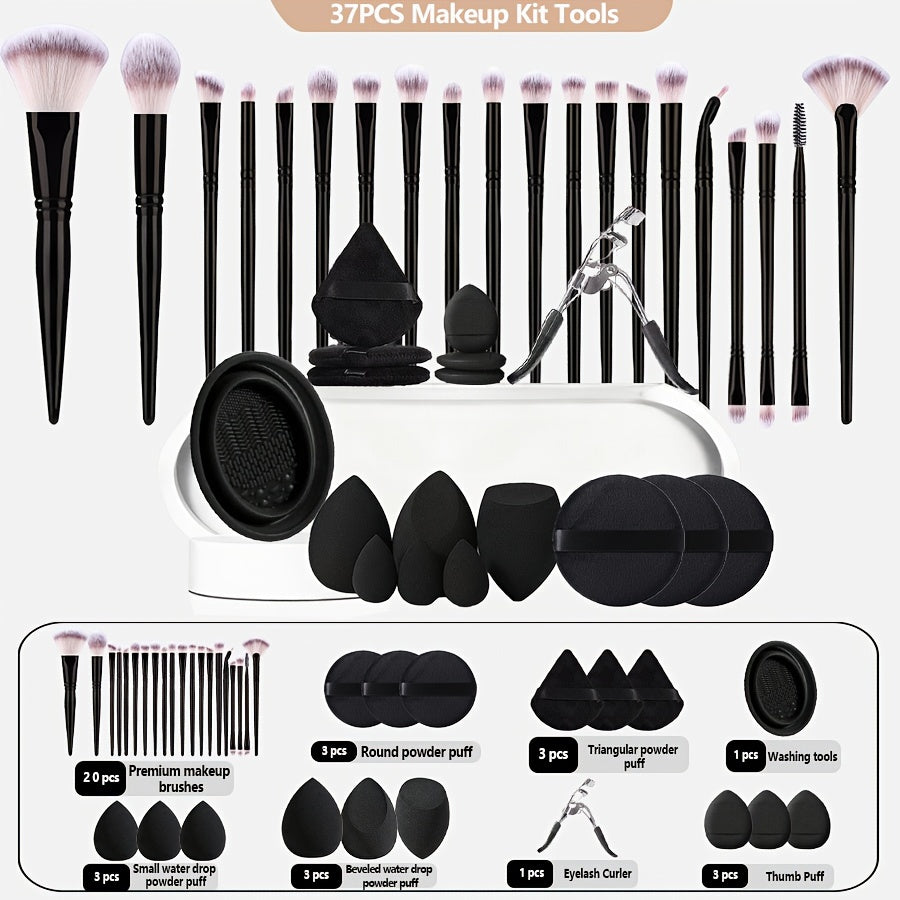 Set cadeau maquillage 37 pcs, pinceaux, éponges, accessoires nettoyage, polyvalent pour poudres, fond de teint et soins beauté précis.