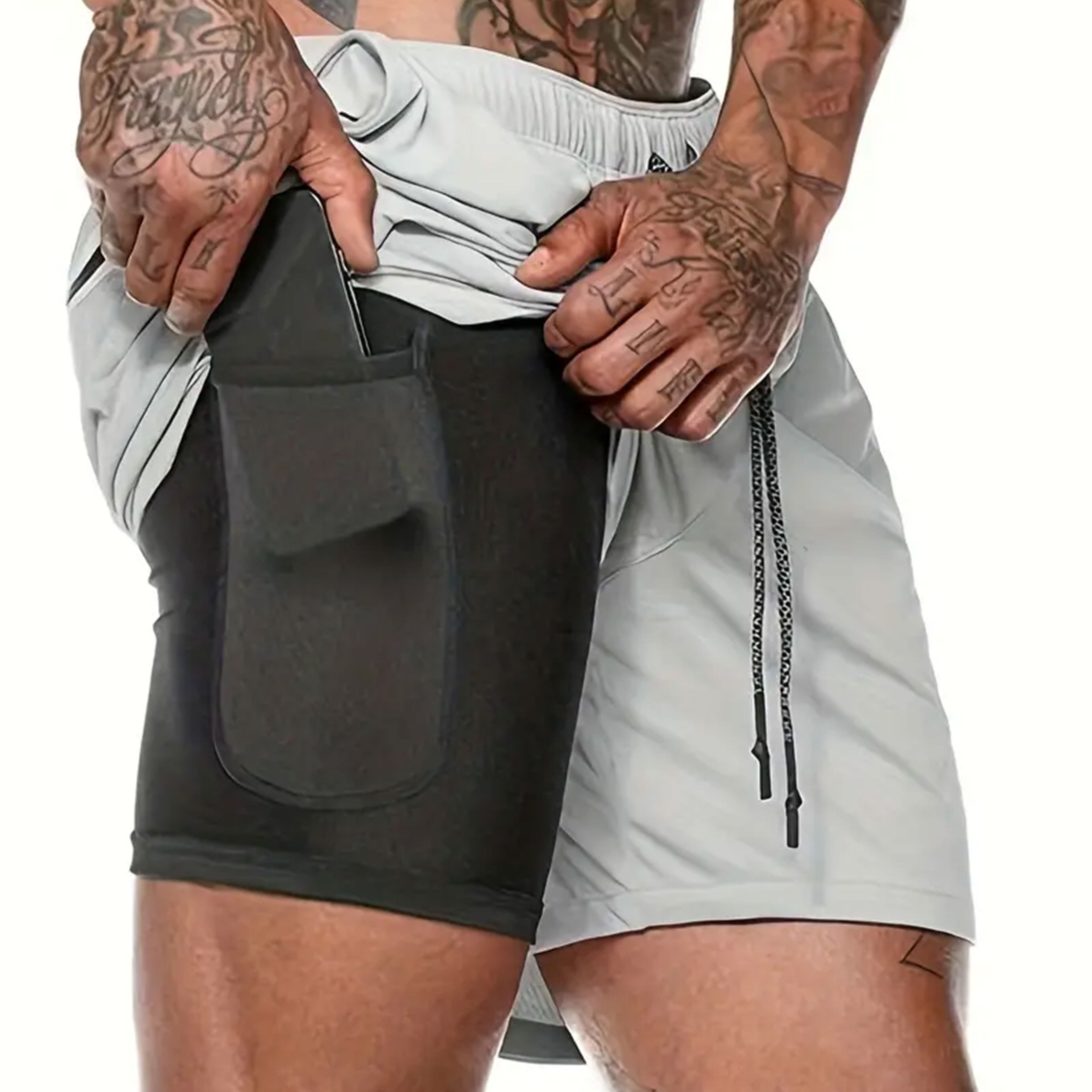 Shorts hommes 2-en-1 été, sport extérieur, cordon ajustable, poches sécurisées, tissu respirant et séchage rapide, parfait gym et running.