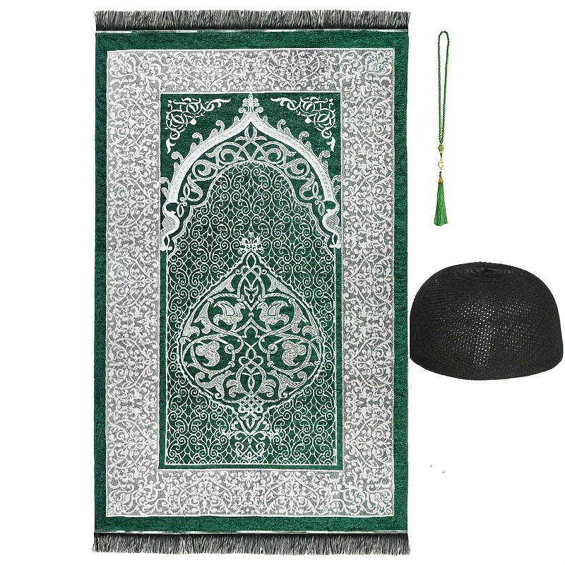 Set Ramadan 3 pièces : tapis de prière portable 70×110 cm, 99 perles Tasbih, kufi homme, léger et pratique pour voyages.