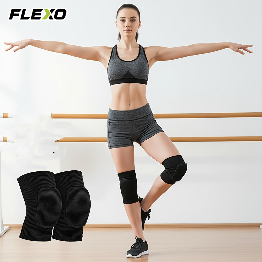2pcs FLEXO Knee Support Sleeves & Pads for Men & Women | Lightweight Knee with 15mm Soft Padded Cushion, Breathable Elastic Material, Ideal for Volleyball, Gym, Yoga, Dance, Fitness, Pilates - Black, Polyester Knit Fabric, Ha