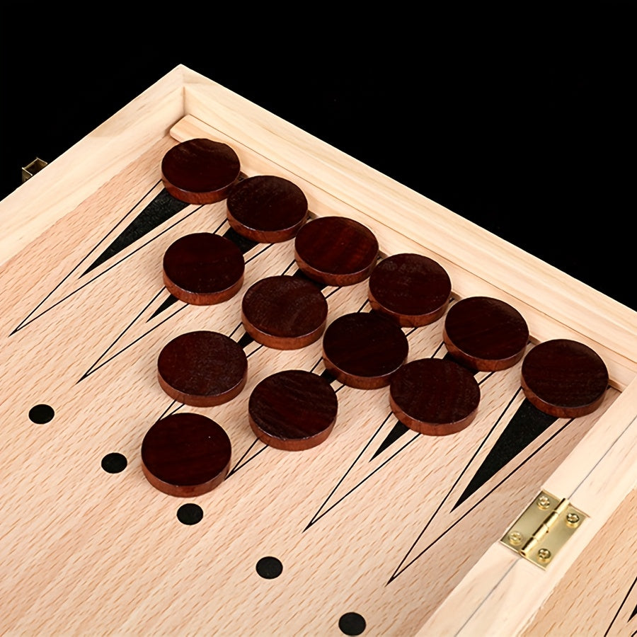 Jeu d’échecs en bois 3‑en‑1, pliable et portable, tailles 24 cm et 34 cm, idéal pour parties à emporter.
