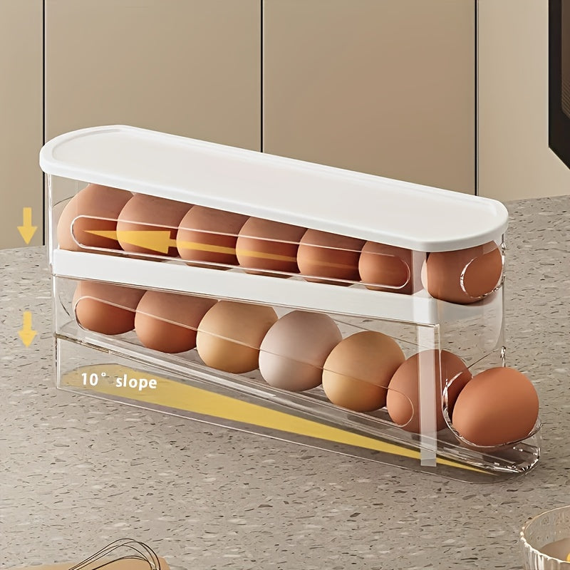 1 Space-Saving Double-Layer Transparent Automatic Rolling Egg Storage Box with Lid - Heavy-Duty PP Plastic, 4-Tier Egg Organizer for Fridge Door and Countertop, Food-Safe Kitchen Storage Solution, Essential Refrigerator Egg H