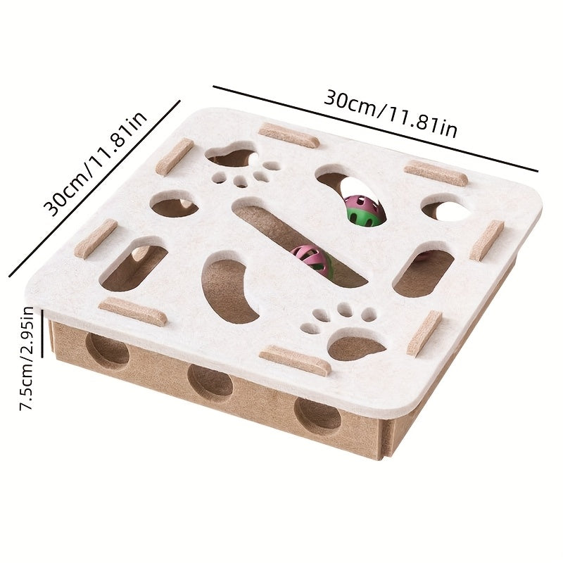 Boîte de jeu interactive pour chat, motif empreinte de patte. Puzzle durable pour stimuler mentalement et physiquement, avec 2 balles de couleurs aléatoires, sans batterie.