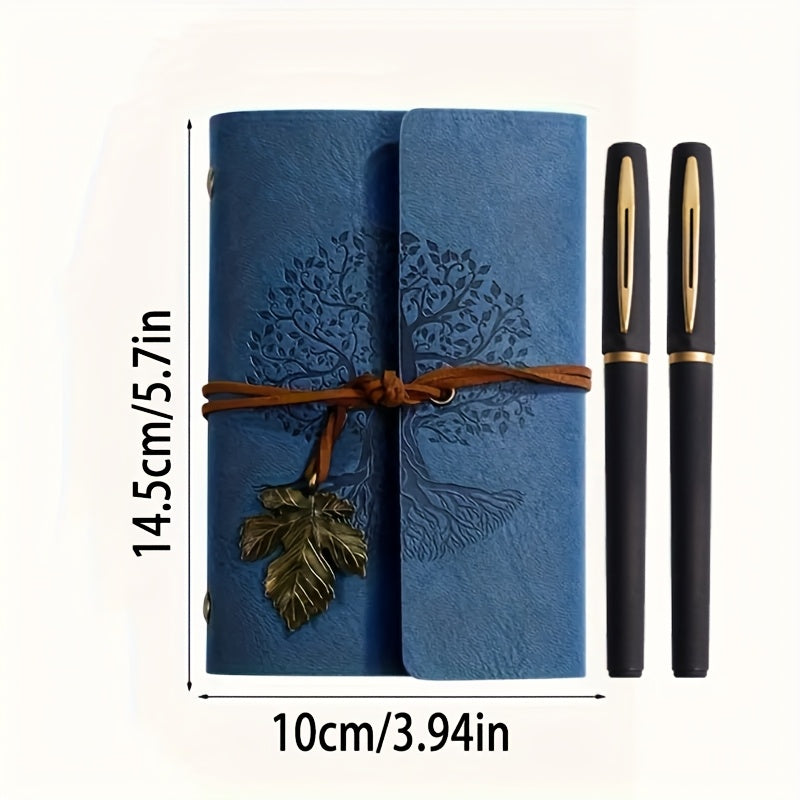 Coffret 3 pièces : carnet spiral vintage en cuir PU et 2 stylos gel noir et doré, design arbre, idéal pour écriture, croquis et voyage.