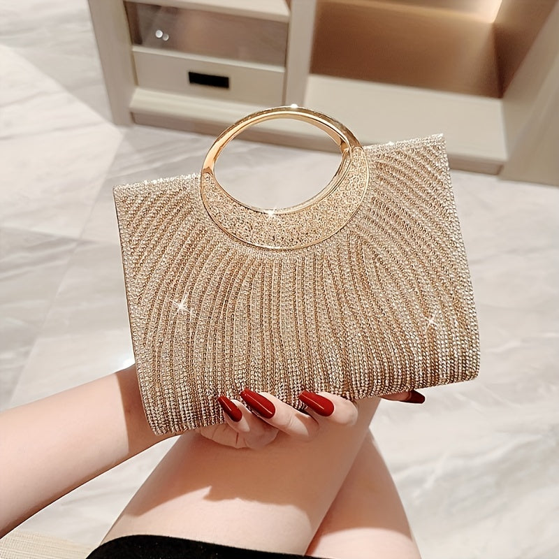 Elegant Golden Rhinestone Evening Clutch with Magnetic Closure - Polyester, Shoulder &amp; Handbag for Weddings, Bridesmaids, Parties, Mother'S Day Gift, Wedding Season Accessory|Rhinestone Embellished Bag|Polyester Clutc
