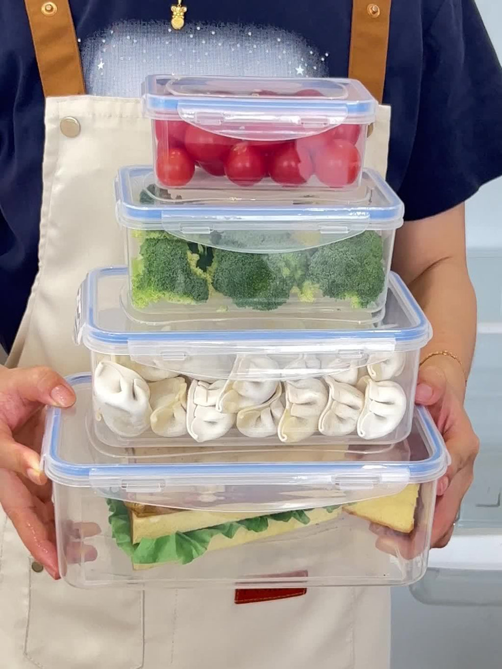 8pcs Set Multi-Size Kitchen Fresh-Keeping Plastic Lunch Boxes | 4 Containers + 4 Lids, Rectangular, Flip Top Closure, Reusable, Microwaveable, Anti-Odor, Ideal for Vegetables, Fruits, Snacks Storage, Freezer Safe, Space-Savin