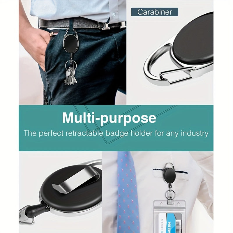 Lot de 3 porte-badges rétractables, rotation 360°, clip ceinture/mousqueton, corde nylon, anneau porte-clés, fermeture rapide, pour cartes et billets.