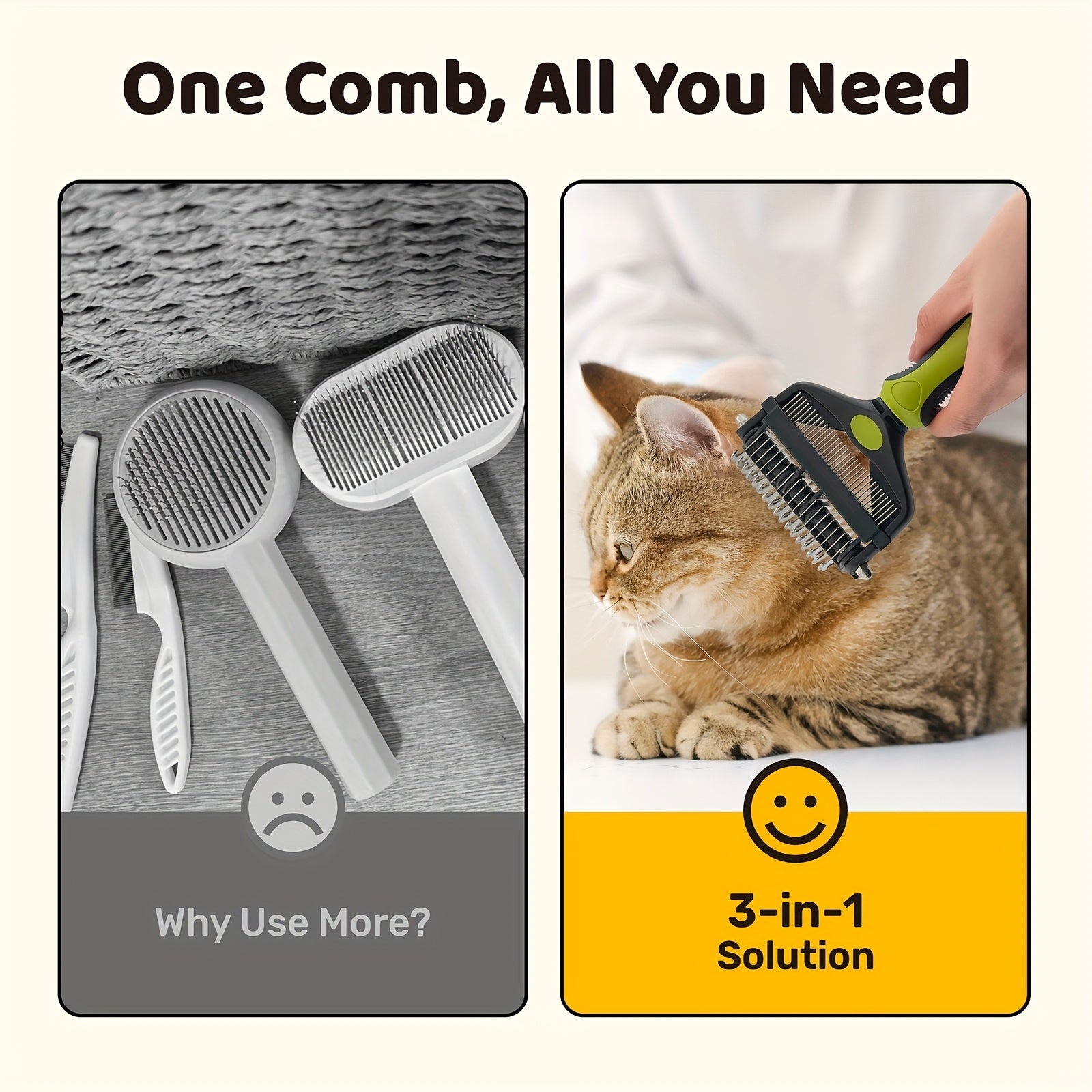 Outil de toilettage 3-en-1 pour animaux. Râteau sous-poil, brosse slicker, peigne démêlant pour poils longs et courts, idéal pour chiens et chats.