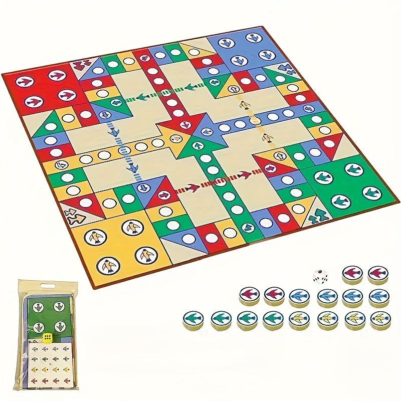 Jeu de ludo de luxe façon tapis, avec 16 pions, dés, pliable et portable, parfait pour famille, fêtes et cadeaux.