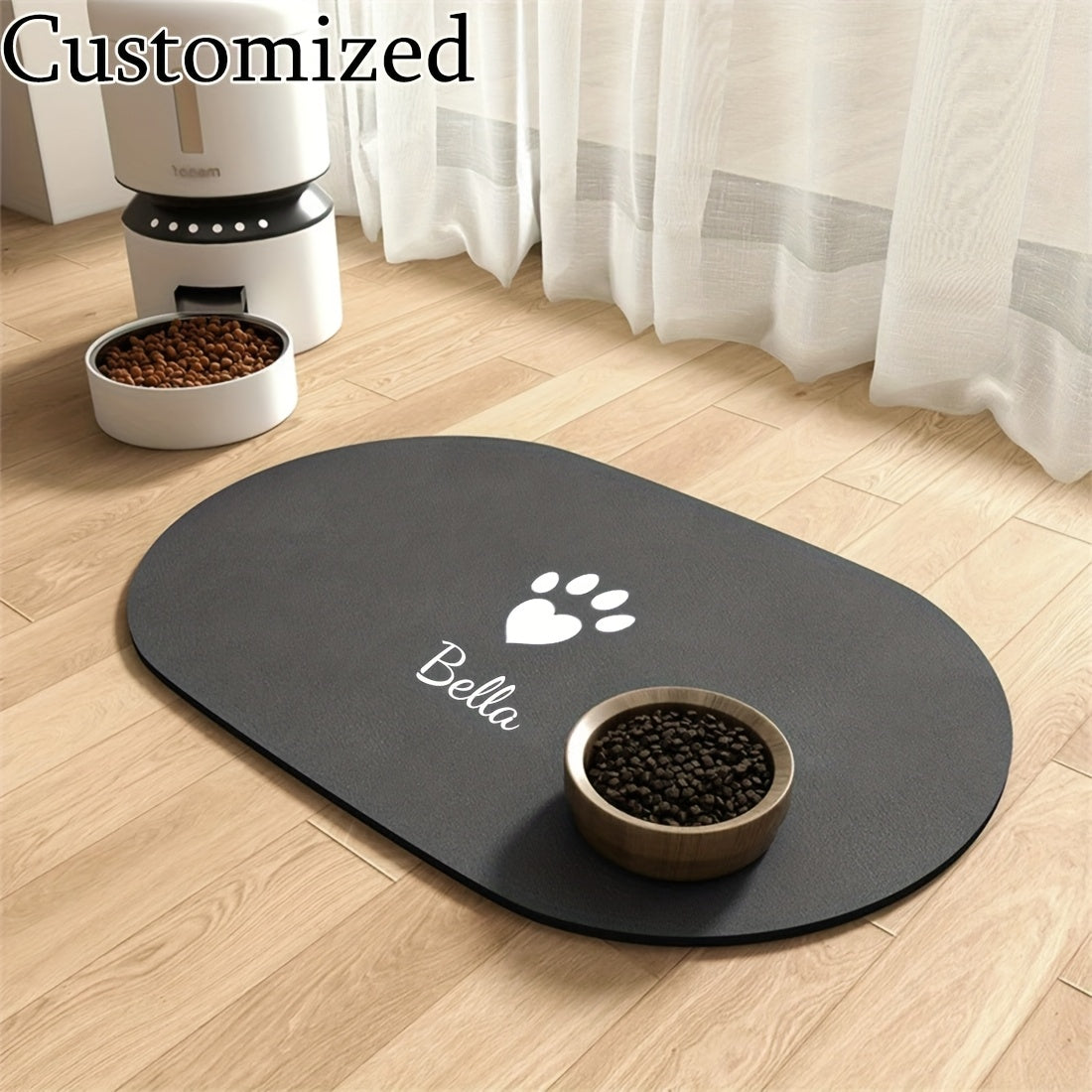1pc Customizable Quick-Dry Pet Feeding Mat, Personalized Name Customization, Suitable for Dogs and Cats, Non-Slip Rubber Base, Prevents Clutter in Watering Areas, Indoor Use, Dark Grey, Minimalist Design, Ideal Gift for Pet O