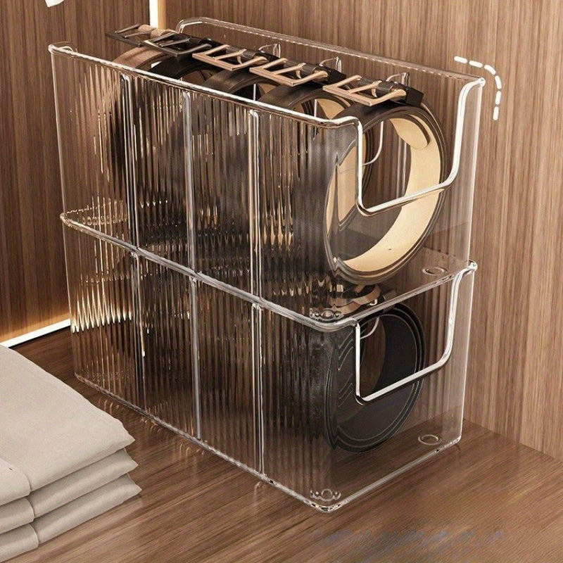 Boîte de rangement transparente avec compartiments amovibles, idéale pour ceintures, foulards, cravates, cosmétiques, bijoux et vêtements, pour tiroirs ou placard.