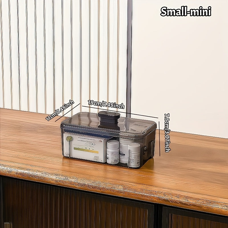 Boîte de rangement multifonctionnelle en plastique avec fermeture à clip, étanche et empilable, idéale pour médicaments, accessoires et organisation domestique.