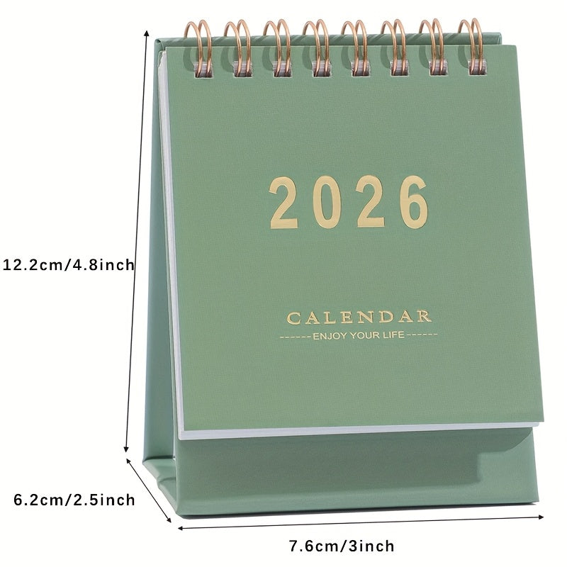 Mini calendrier de bureau 2026, planificateur mensuel et hebdomadaire, papier épais 250 g/m², reliure double spirale, compact et élégant pour maison ou bureau.
