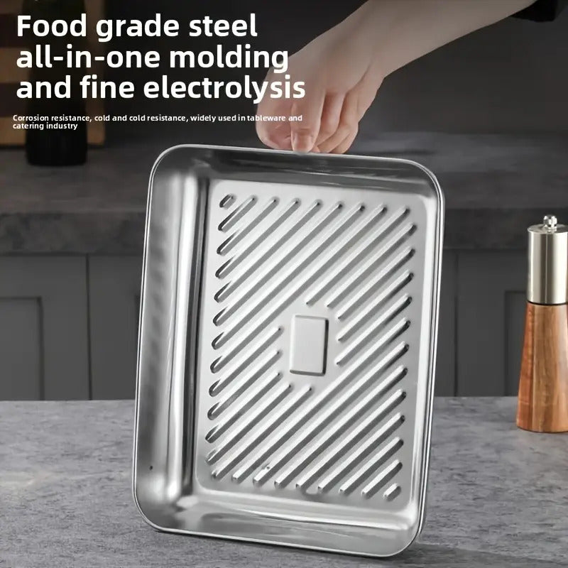 Lot de 3 grands plats de cuisson rectangulaires en acier inoxydable avec couvercles, antiadhésifs, faciles à nettoyer, idéaux pour rôtir légumes, viandes et plus.