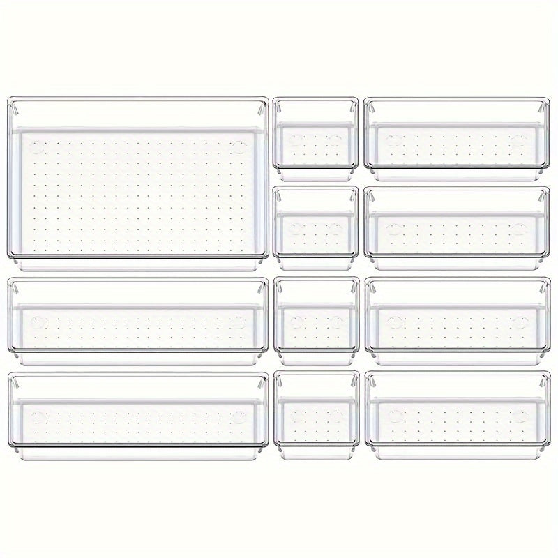 7/11/18pcs Clear Plastic Drawer Organizers Set, 4-Size Versatile Bathroom And Vanity Drawer Organizer Trays, Storage Bins For Makeup, Bedroom, Kitchen Gadgets Utensils And Office