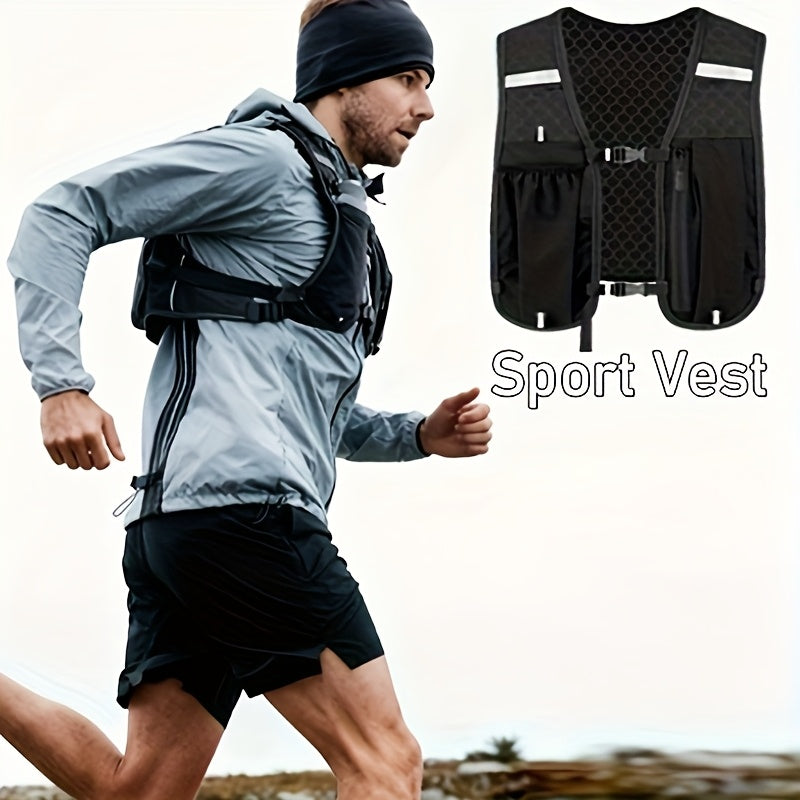 Sac à dos sportif type gilet avec poches multiples, mesh respirant, design ergonomique, idéal pour course, randonnée et hydratation mains libres.