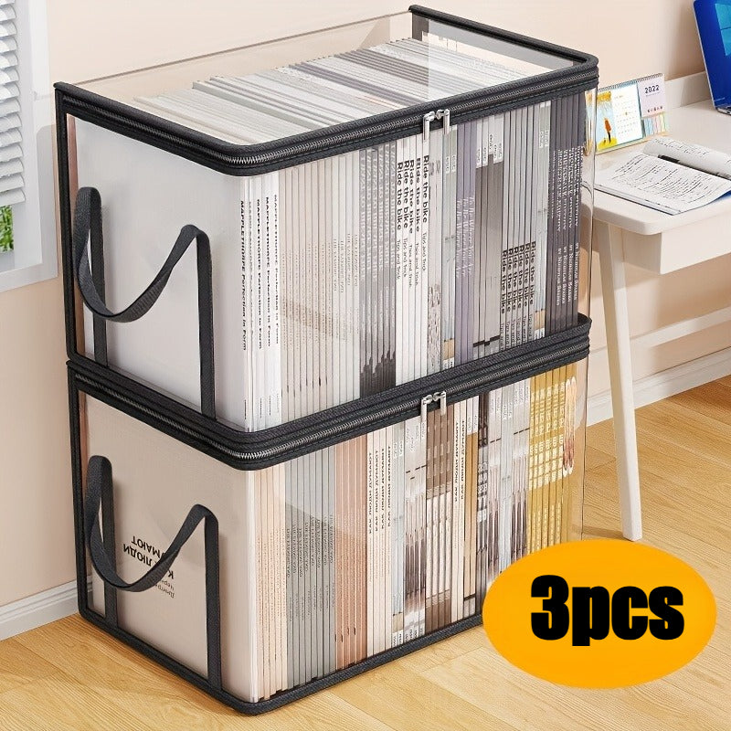 Lot de 3 boîtes de rangement transparentes avec couvercle rabattable, grandes et rectangulaires, empilables, pour livres, vêtements ou bureau, plastique durable.