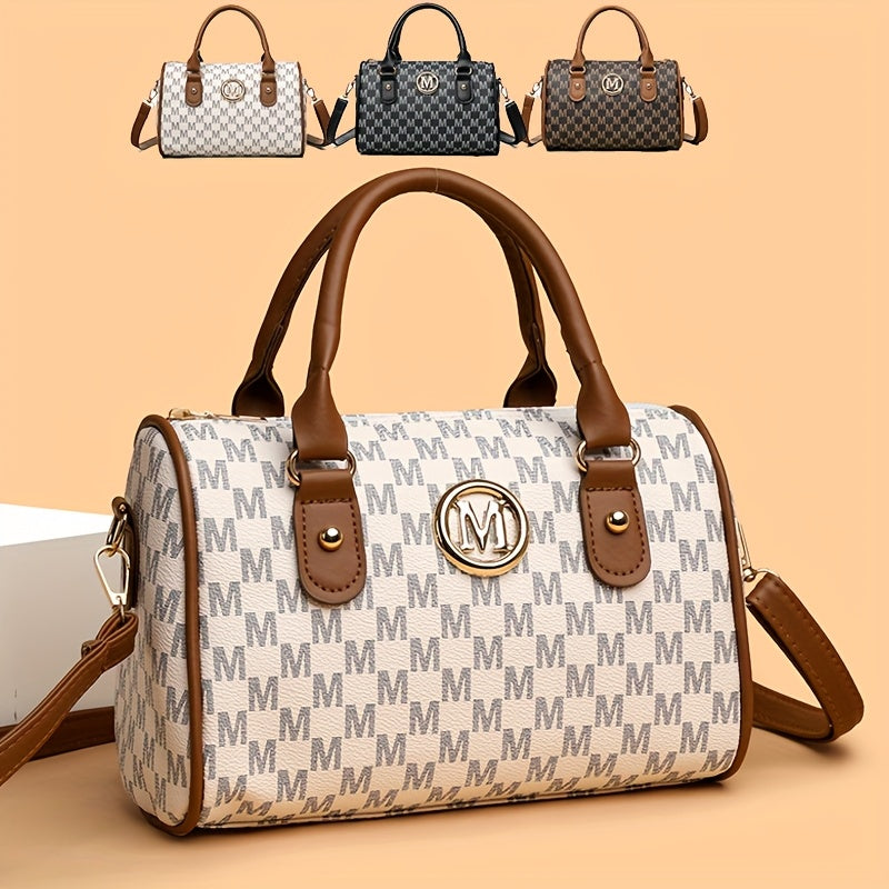 Perfect Lily Women'S Mini Shoulder Bag with Golden "M" Monogram - Elegant Houndstooth Design, Detachable Strap, Lightweight Synthetic Faux Leather Purse for Work, Travel, Parties &amp; Gifts (White/Black/Brown), Small Crossbody B