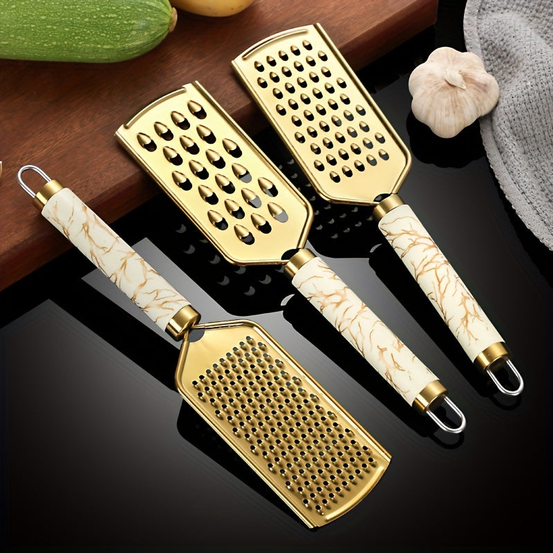 3/1pc grater Stainless steel shredder Household kitchen radish grater potato shreds onion shreds ginger shreds melon fruit vegetable shreds cheese raw grater handle can be held safely without hurting hands, Golden appearance,