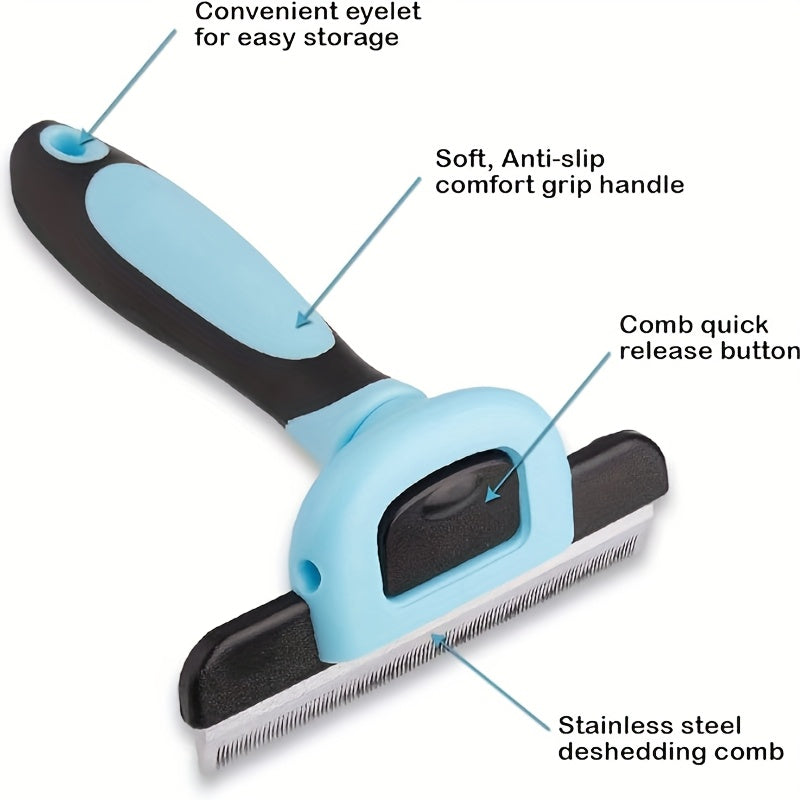 Brosse professionnelle de déshedding pour animaux. Réduit les poils de 95%, ergonomique, sans électricité, design bleu et noir, pour toutes les races.