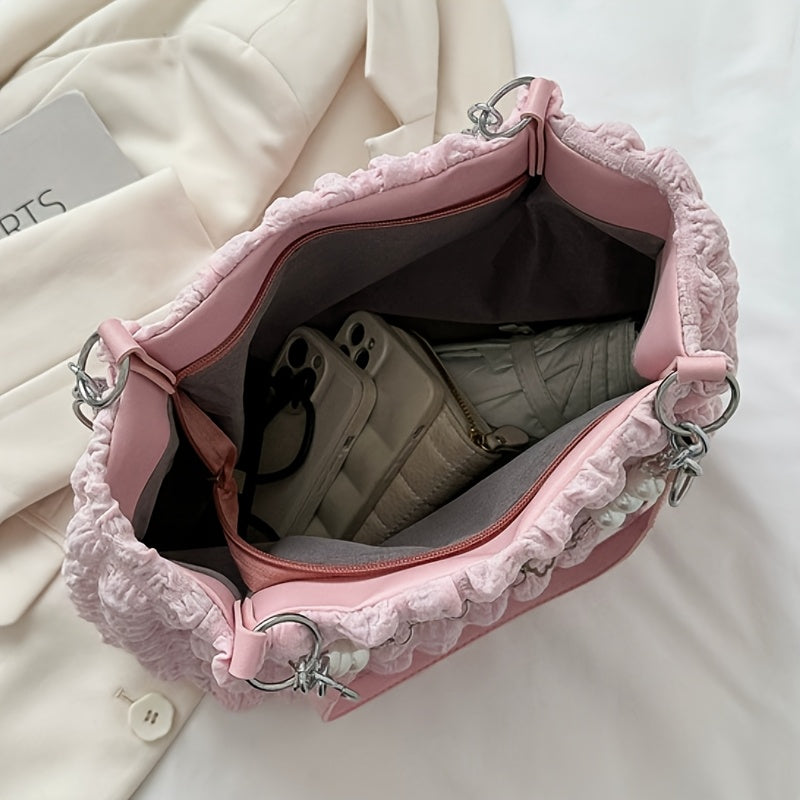 1pc Summer Sweet Clouds Tote Bag, Large Capacity Nylon Shoulder Bag for Women, Soft Handbag with Zipper Closure, 4 Colors (White/Pink/Green/Black), City Theme, Polyester Lining, Perfect for Commuting &amp; Outings