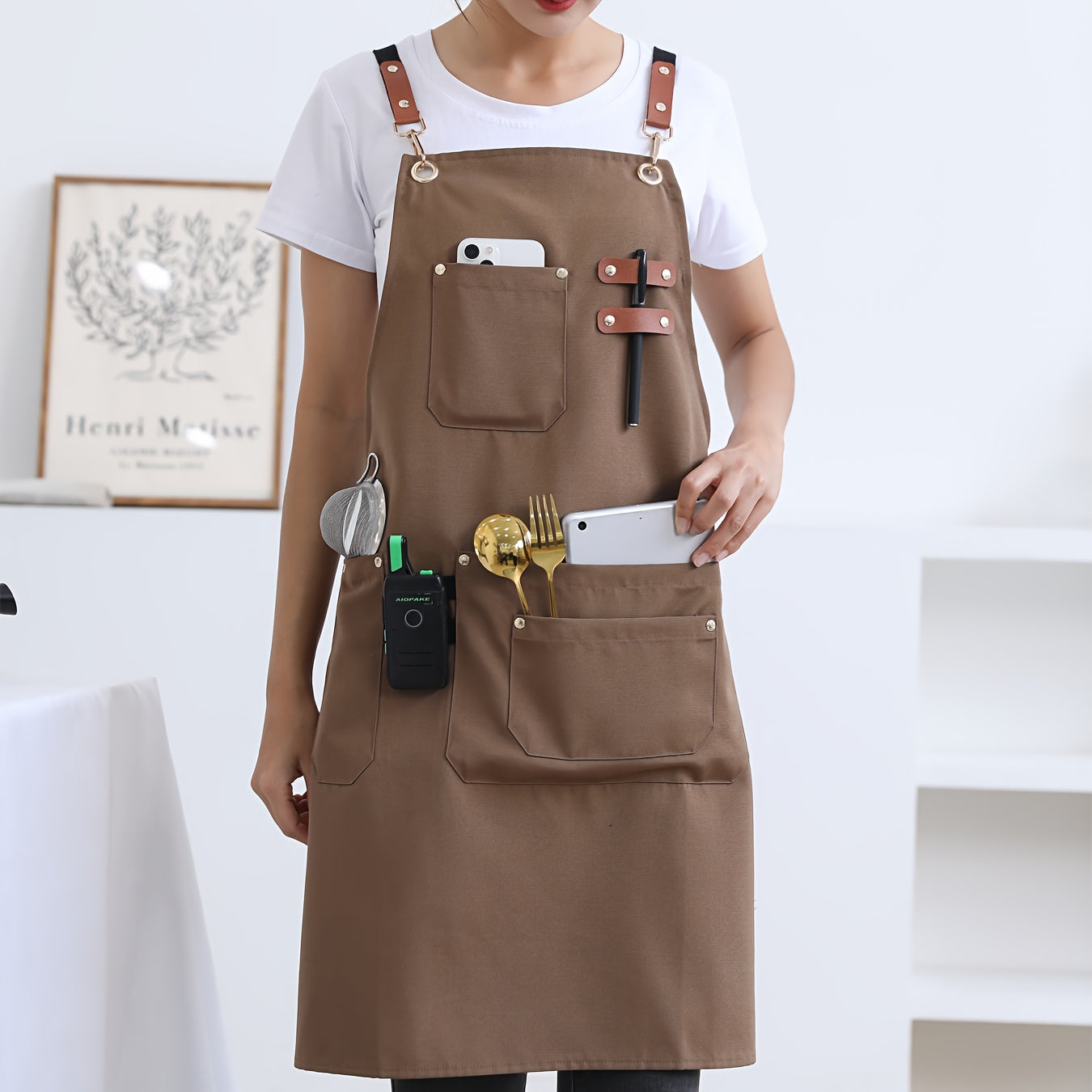 1pc Canvas Apron, High-end Design, Soft and Breathable, Four Pockets, Can be used in Restaurants, Kitchens and other occasions, Modern Apron