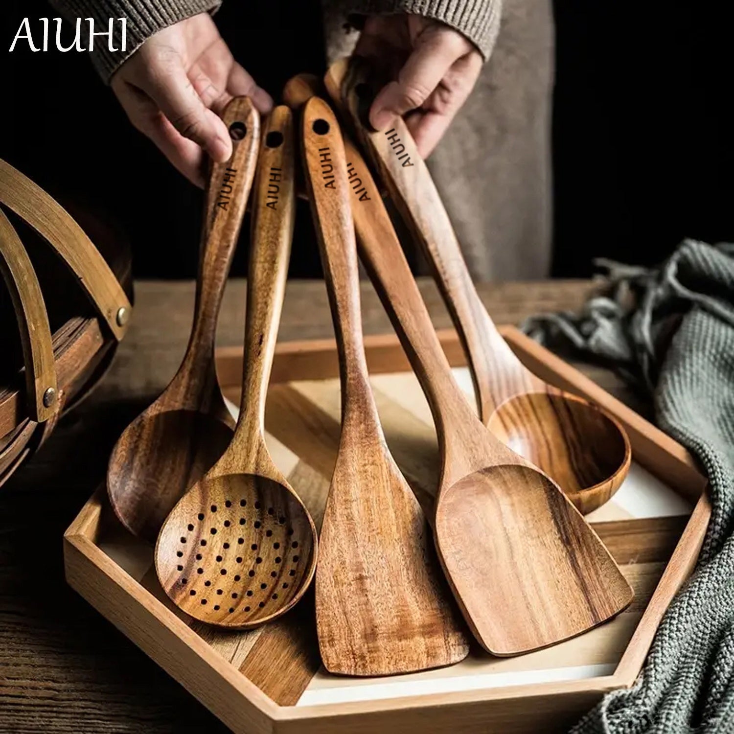 AIUHI 3pcs/5pcs Wooden Kitchen Utensils Wooden Spoons, Kitchen Tool for Cooking and Serving Non-stick Kitchen Spoon