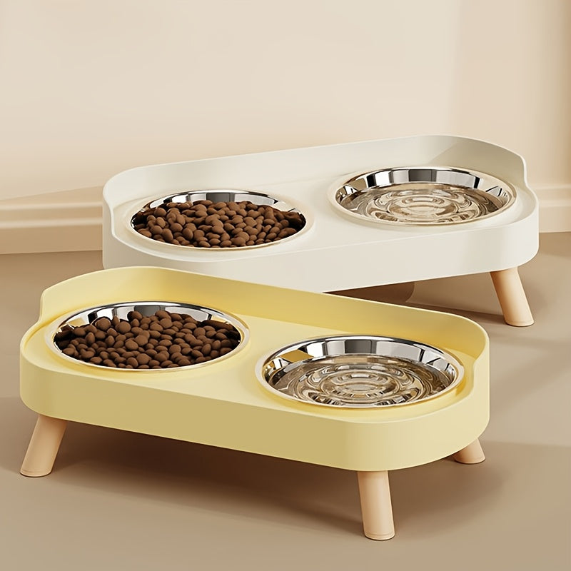Bol double surélevé pour chats et chiens, acier inoxydable/plastique, barrière anti-éclaboussures, combine eau et nourriture pour confort et propreté.