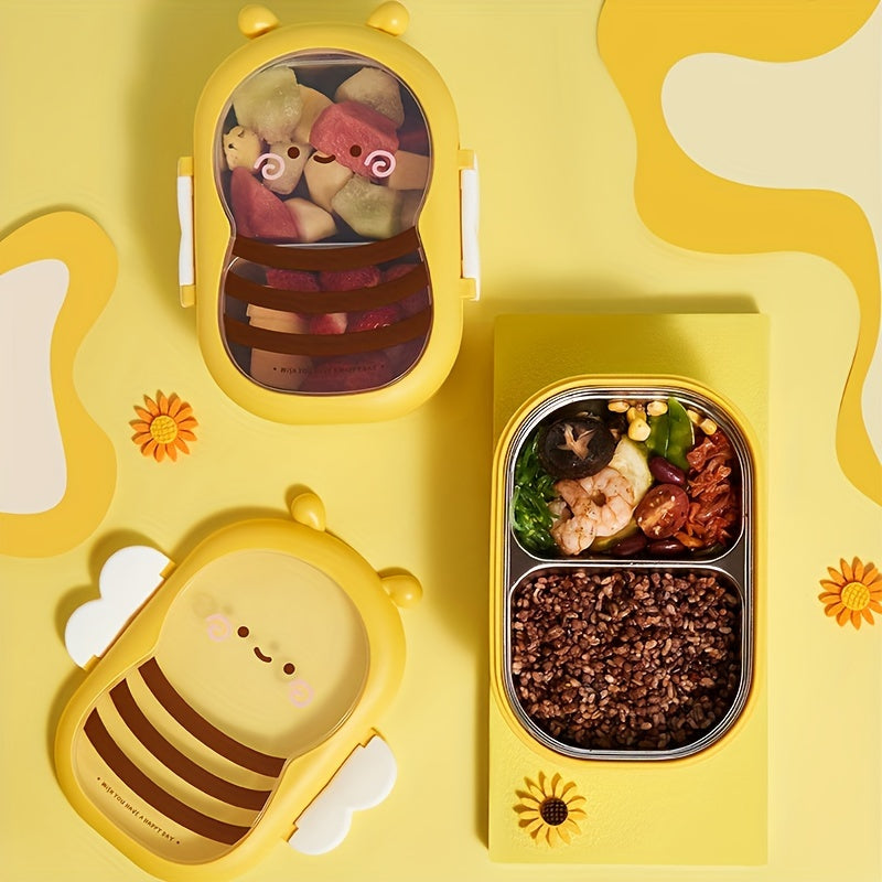 Leakproof Cartoon Bee Insulated Lunch Box - Stainless Steel Bento with Food-Grade Compartments, Thermal Meal Container for Students &amp; Workers, Hand Washable