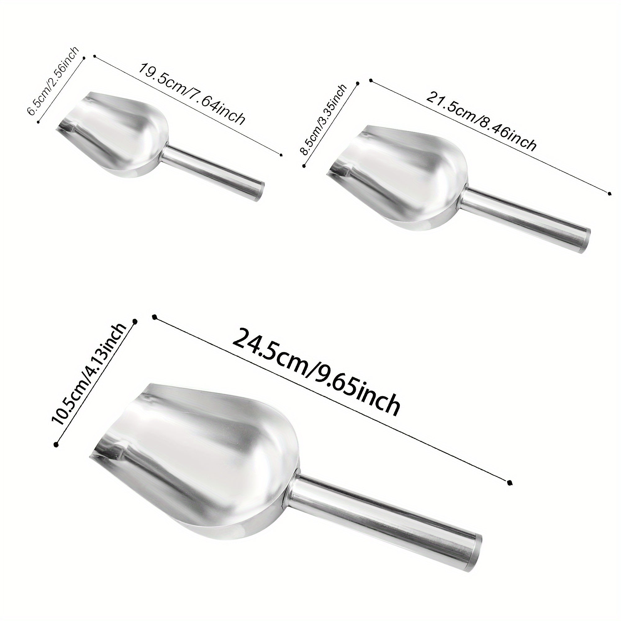 Lot de 3 pelles en acier inoxydable épaisses, multi-usages pour glace, aliments pour animaux, céréales, farine, sucre, riz, durable pour cuisine, bar ou fêtes.