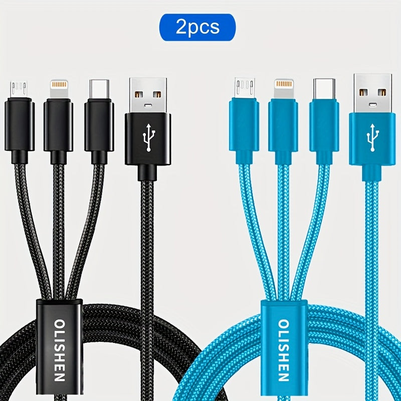 2pcs 3-in-1 Fast Charging Cable | Durable Nylon Braided, Compatible with iPhone, Samsung, Xiaomi, Oppo, Vivo, Redmi, OnePlus & More, Supports USB Charging, 10W Output Power