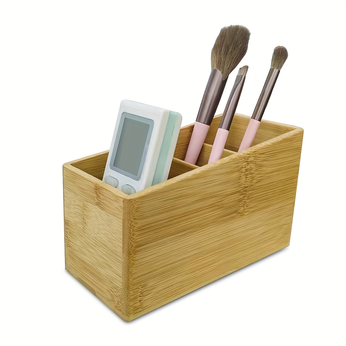 Wooden Remote Control Storage Box with Four Compartments, Suitable for Organizing Remote Controls, Makeup Brushes, And Pens in The Living Room, Bedroom, Or Office.