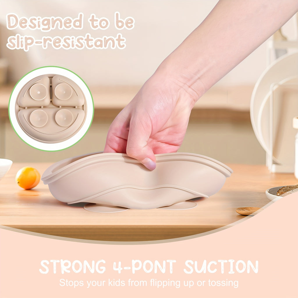 Set repas bébé TYRY.HU 3 pcs en silicone, assiette à ventouses compartimentée et ustensiles, parfait pour diversification et repas en extérieur.