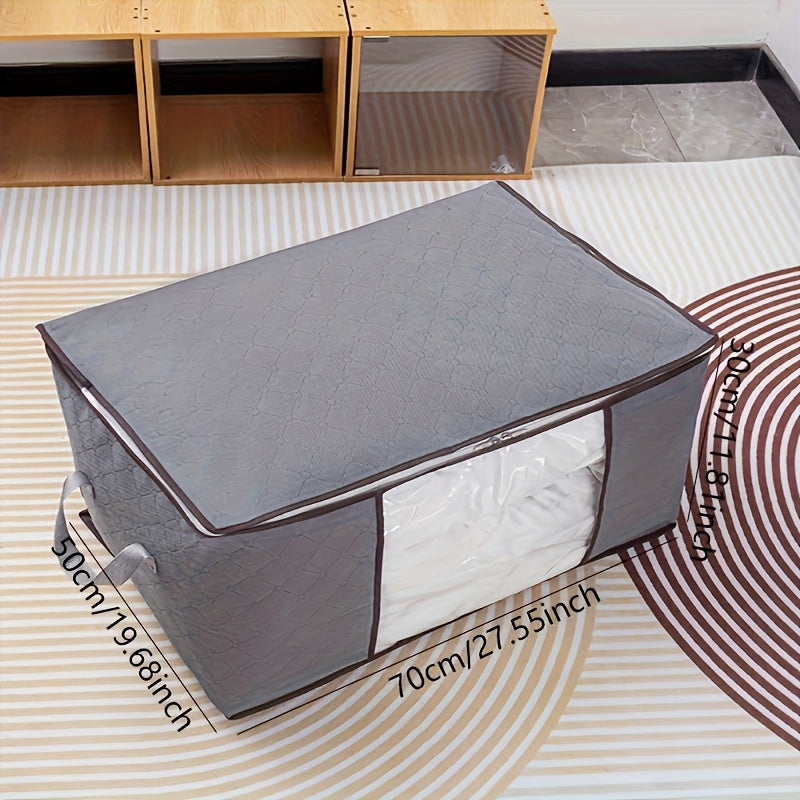 Sac de rangement vêtements grande capacité avec fenêtre transparente, organise vêtements, couvertures ou accessoires, pratique pour placard ou stockage à domicile.